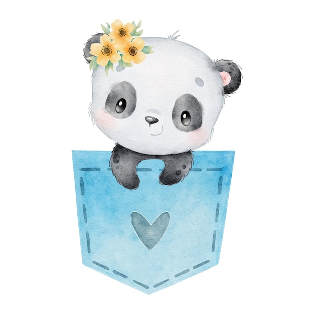 Illustrazione ad acquerello di un panda cartone animato in una tasca animali carini