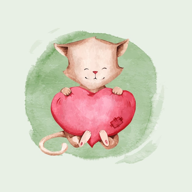 Illustrazione ad acquerello di un gatto con un cuore rosa adatto per adesivi di carta da parati per abbigliamento