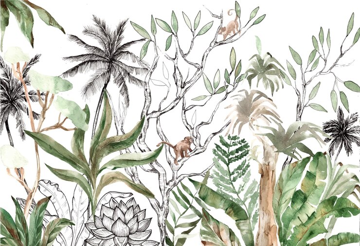 Vector watercolor illustration for children wallpaper with tropical trees monkeys palms bananas leaves