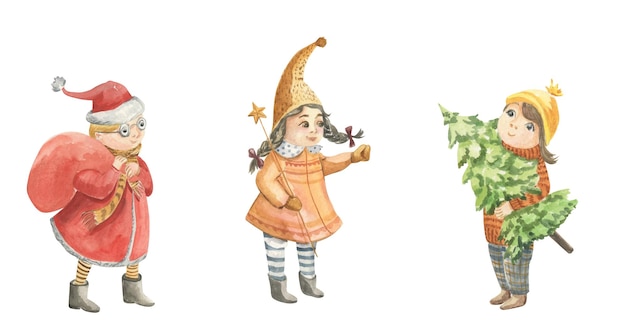 Vector watercolor illustration of children in winter clothes with a christmas tree and new year's gifts