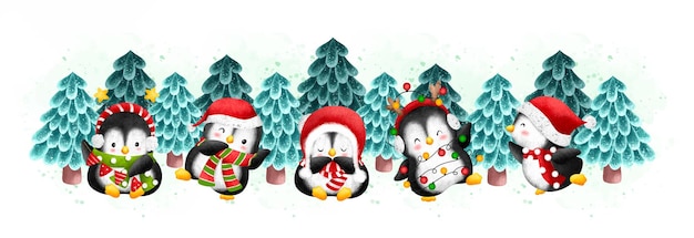 水彩イラスト クリスマスバナー ペンギンとクリスマスツリー