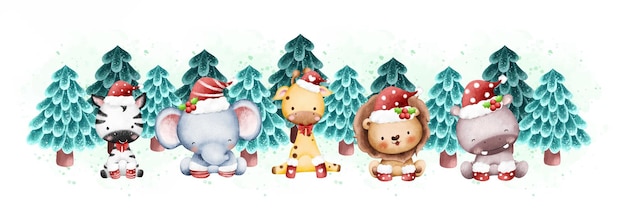 Watercolor illustration christmas banner safari animals and christmas tree