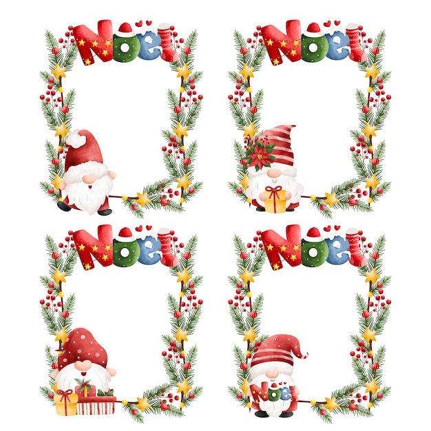 Vector watercolor illustration christmas decoration frame with christmas gnome