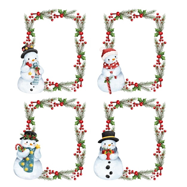 ベクトル 水彩イラスト 雪だるまのキャラクターのクリスマス装飾フレーム
