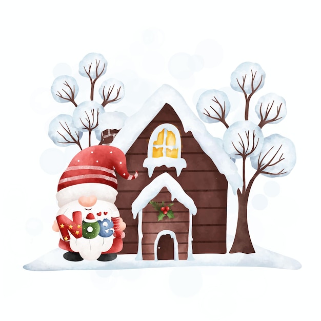 Акварельная иллюстрация рождественский гном с деревянным домом зимой