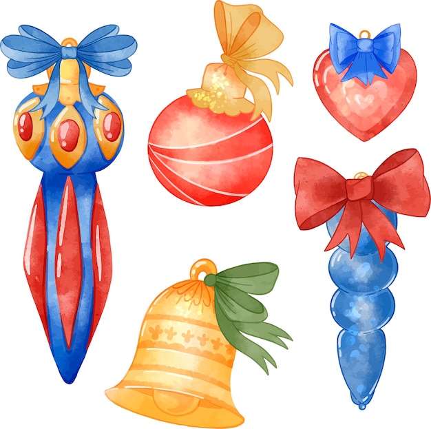 Illustrazione ad acquerello di decorazioni per l'albero di natale, decorazioni fiocchi e palline