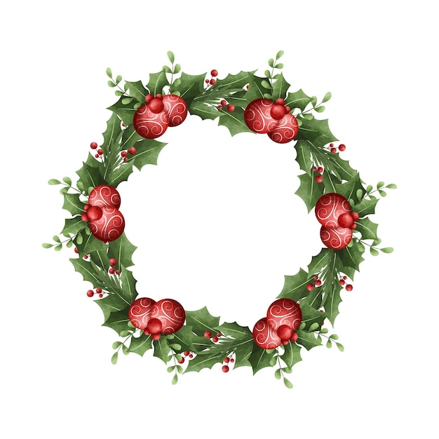 Watercolor illustration Christmas wreath decoratrion