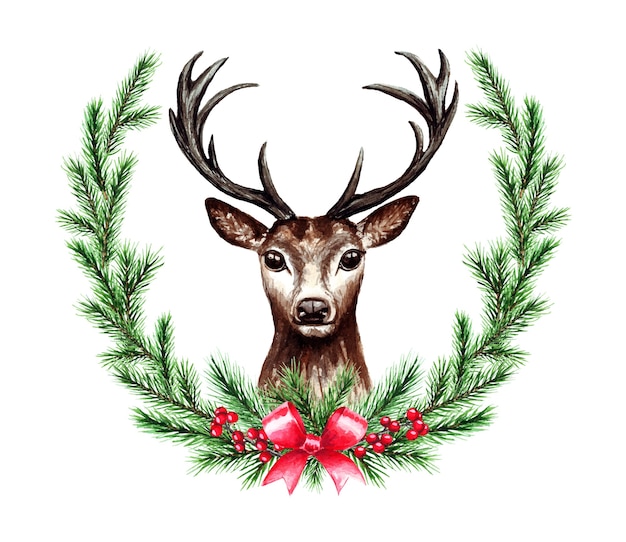 Watercolor illustration of Christmas wreath with deer. Merry christmas and happy new year.