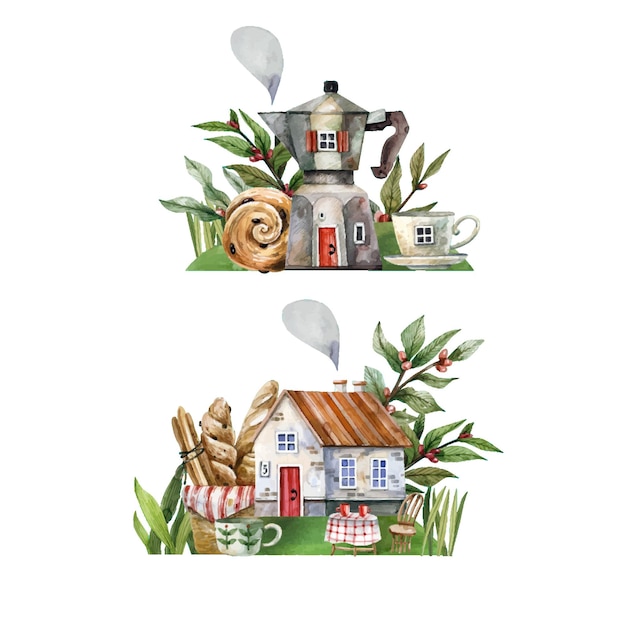 Watercolor illustration of coffee houses in vintage cartoon style Housegeyser coffee maker house