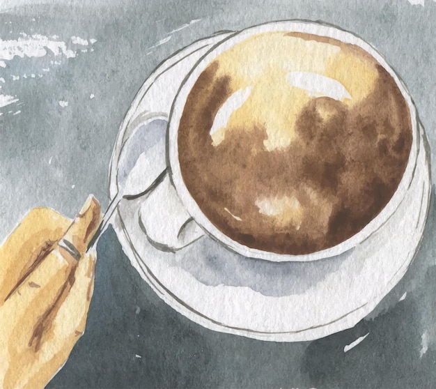 Watercolor illustration of coffee mug and hand