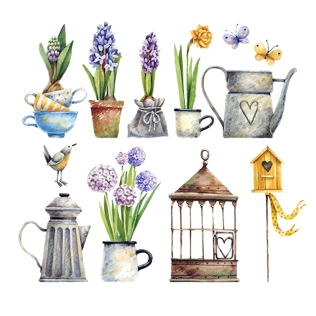 A watercolor illustration of a collection of flowers and a birdhouse