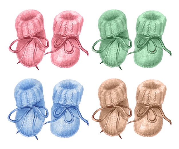 Vector watercolor illustration of colorful baby knitted booties