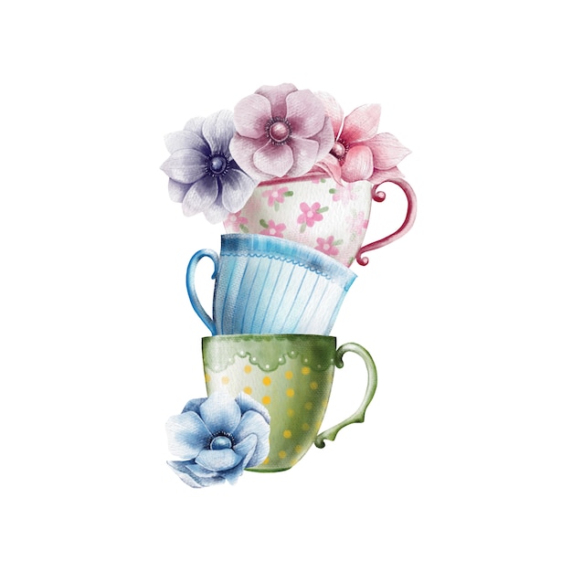 Watercolor illustration of colorful teacups with anemone flowers