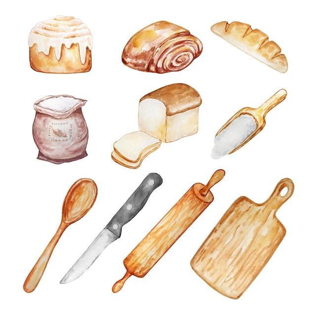 Illustrazione dell'acquerello di prodotti dolciari, da forno e da cucina - pane, bagel, tagliere, mattarello, cucchiaio, coltello, dipinto a mano.