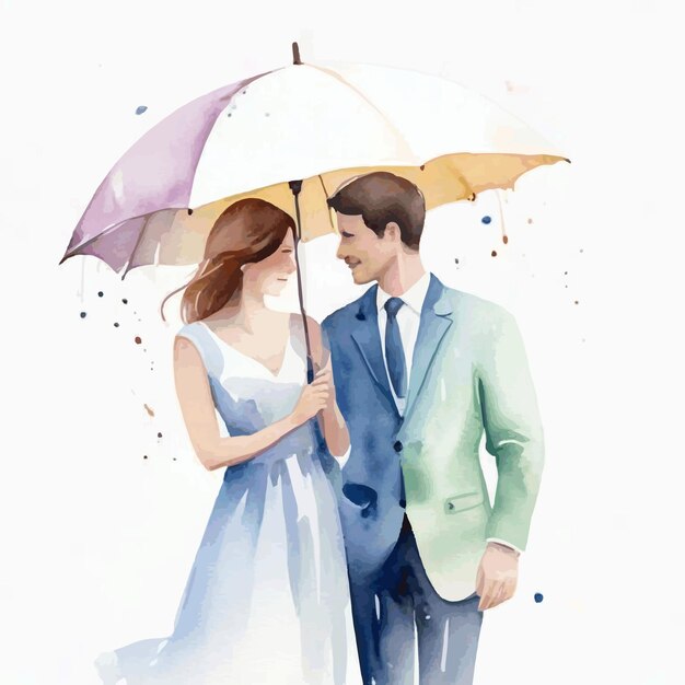 Vector watercolor illustration of a couple carrying an umbrella