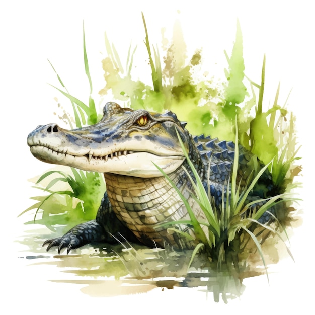 Watercolor illustration of a crocodile on a background of green grass