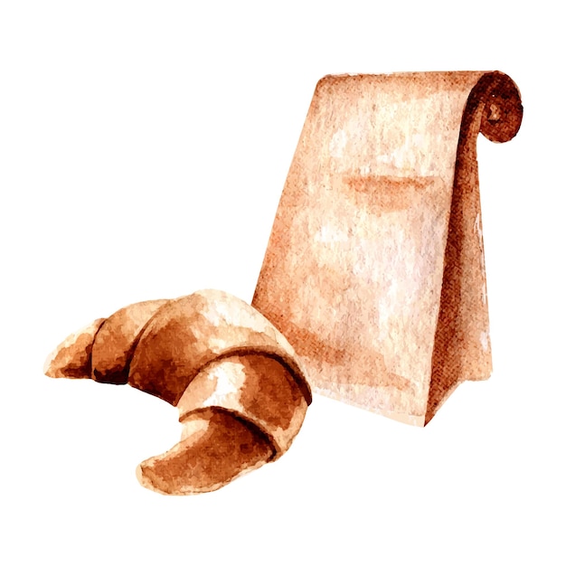 Watercolor illustration of a croissant and a package with coffee in beige colors