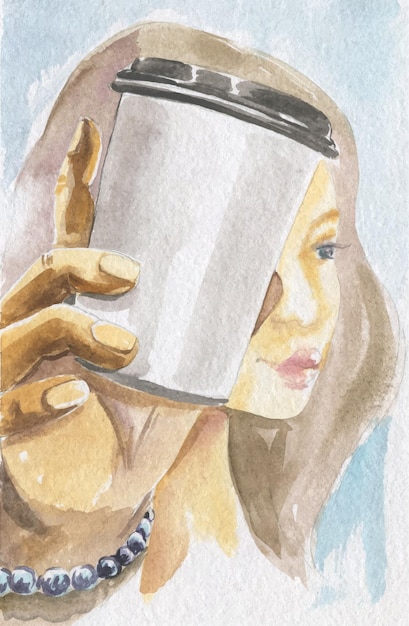 Vector watercolor illustration of a cup of coffee in an outstretched hand