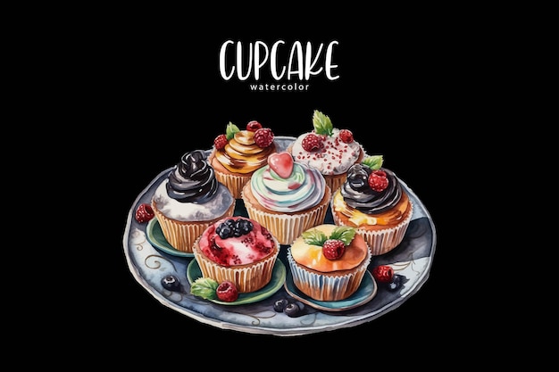 A watercolor illustration of cupcakes with the name cupcakes on a black background.