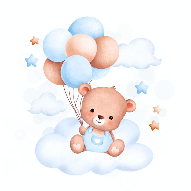Vettore illustrazione ad acquerello simpatico orsetto e palloncini seduti sulla nuvola