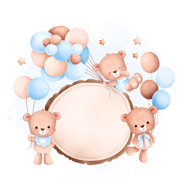 Vector watercolor illustration cute baby bear with balloons and wooden board