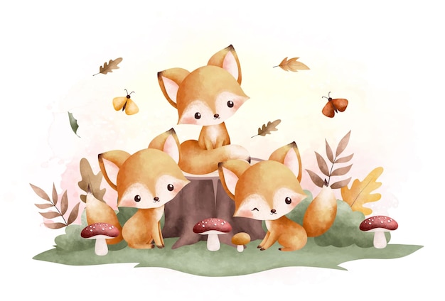 Watercolor Illustration cute baby foxes sit on grass with mushroom and autumn leaves