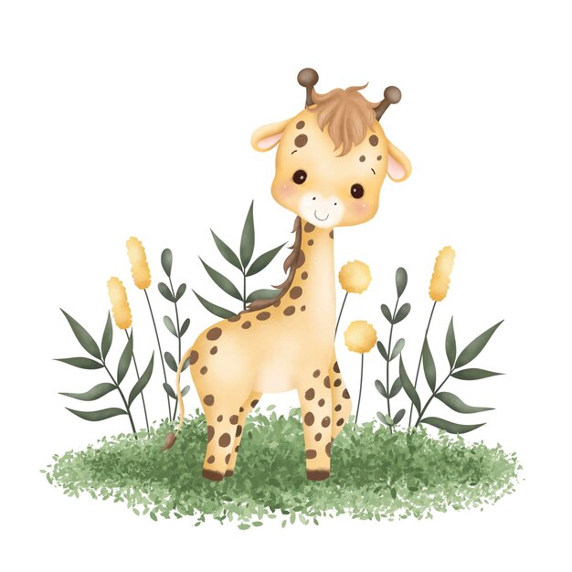 Vector watercolor illustration cute baby giraffe sits on green grass and tropical leaves