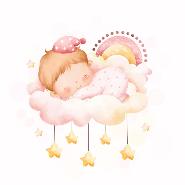 Watercolor illustration cute baby girl sleeps on cloud with stars