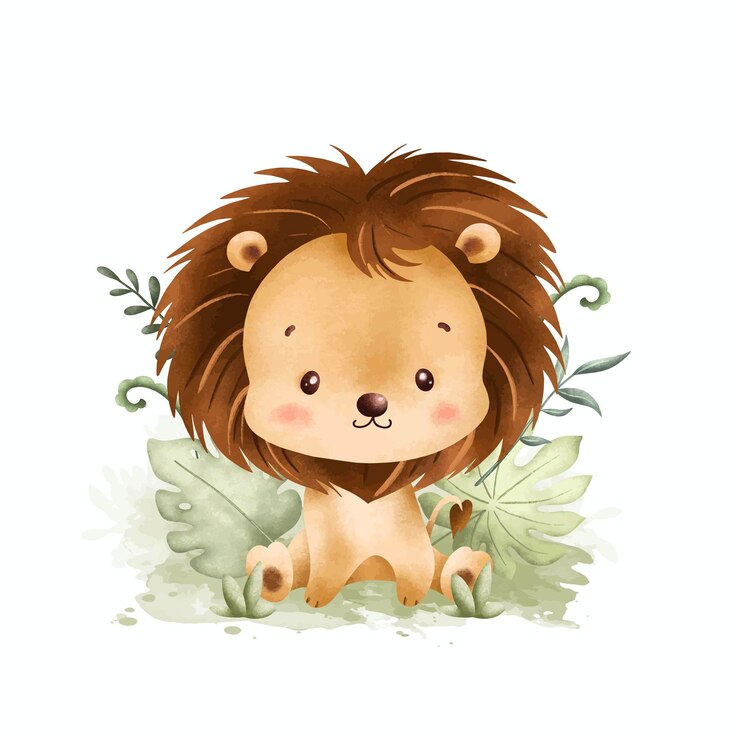 Watercolor Illustration Cute Baby Lion and Tropical Leaves