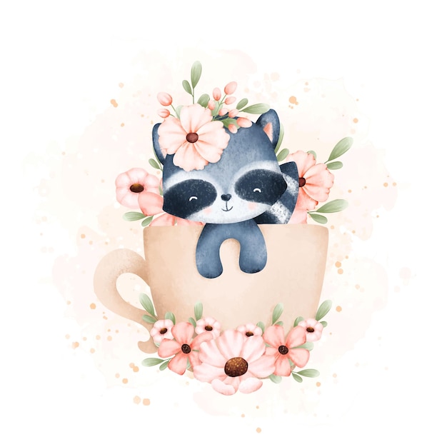 Watercolor illustration cute baby reccoon in cup of flowers