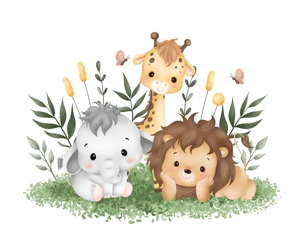 Vector watercolor illustration cute baby safari animals sit on green grass and tropical leaves