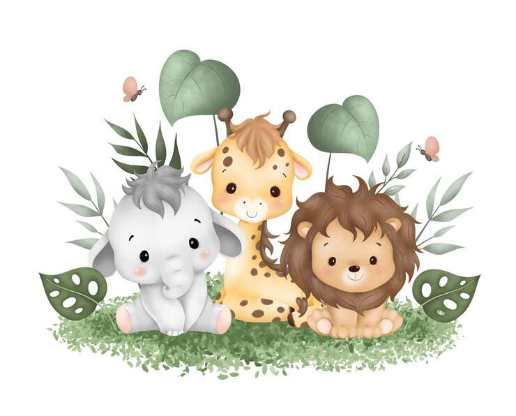 Vector 緑の草と熱帯の葉の上に座っている可愛いサファリの幼い動物