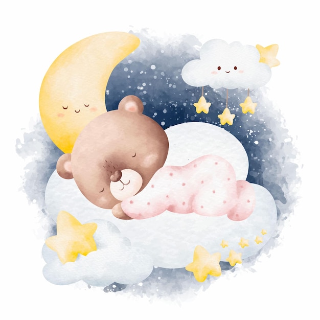 Watercolor illustration cute baby teddy bear sleeping on the cloud