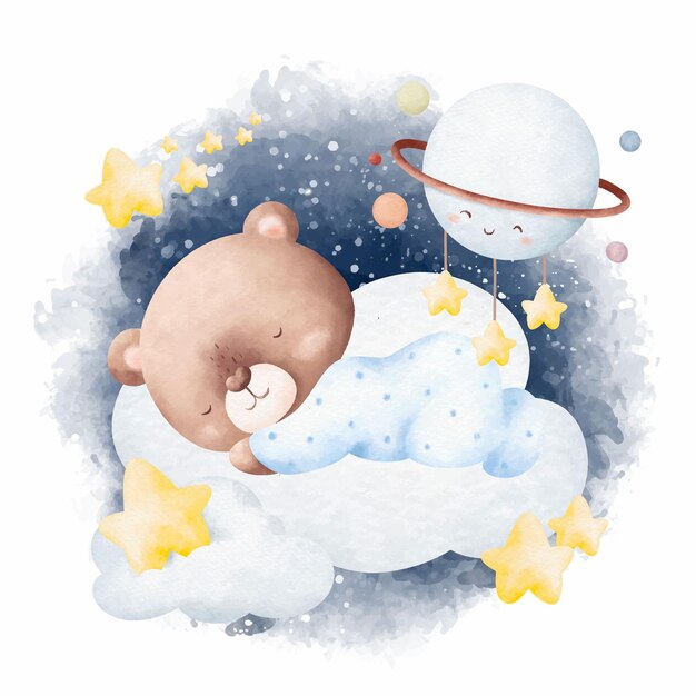 Watercolor illustration cute baby teddy bear sleeping on the cloud