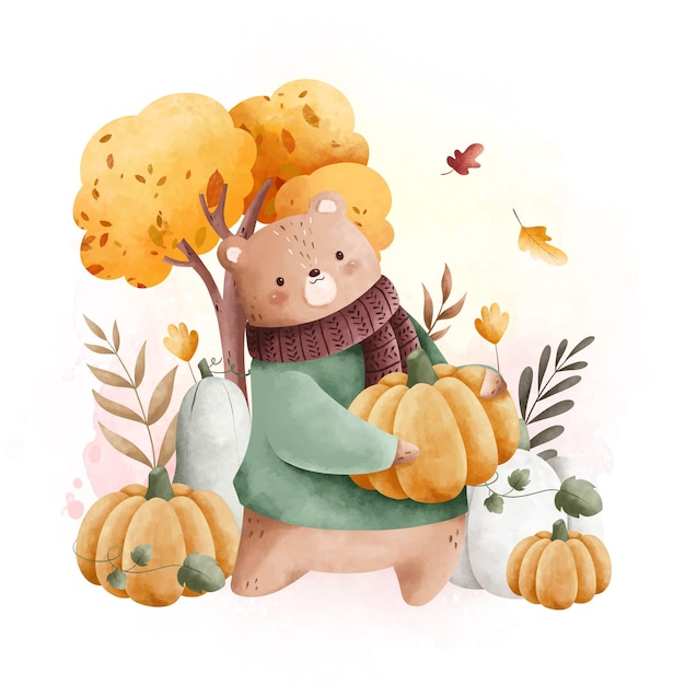 Вектор Акварельная иллюстрация милый медведь и тыква с деревьями и осенними листьями