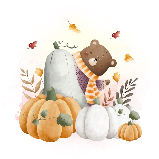 Watercolor illustration cute bear at pumpkin garden with autumn leaves