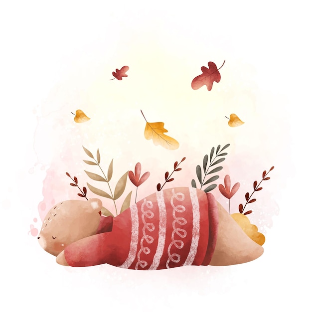 Watercolor Illustration cute bear sleeps at garden with autumn leaves