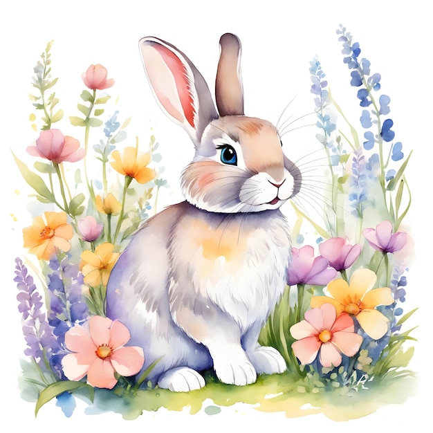 Vector watercolor illustration of a cute beautiful rabbit with flowers print for clothes cartoon hare