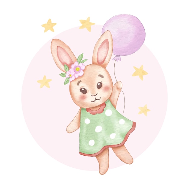 Vector watercolor illustration cute bunny flying with balloon vector