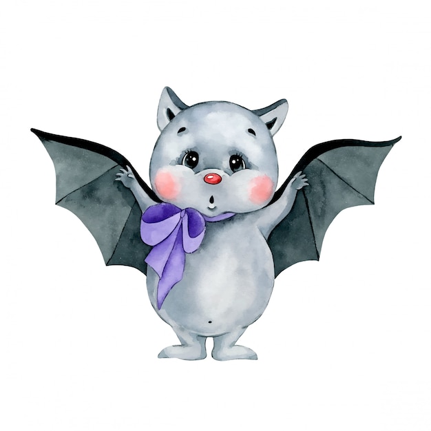 Watercolor illustration of a cute cartoon bat isolated  