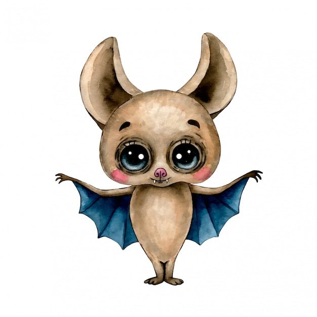 Watercolor illustration of a cute cartoon brown bat isolated