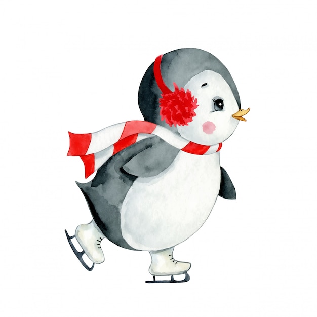 Vector watercolor illustration of a cute cartoon christmas penguin ice skating isolated  .