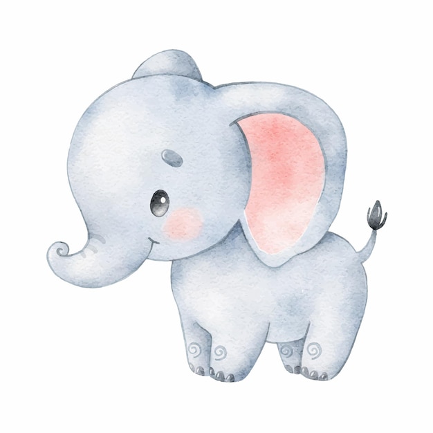 Watercolor illustration of a cute cartoon elephant cute tropical animals