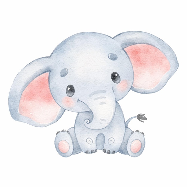 Vector watercolor illustration of a cute cartoon elephant cute tropical animals