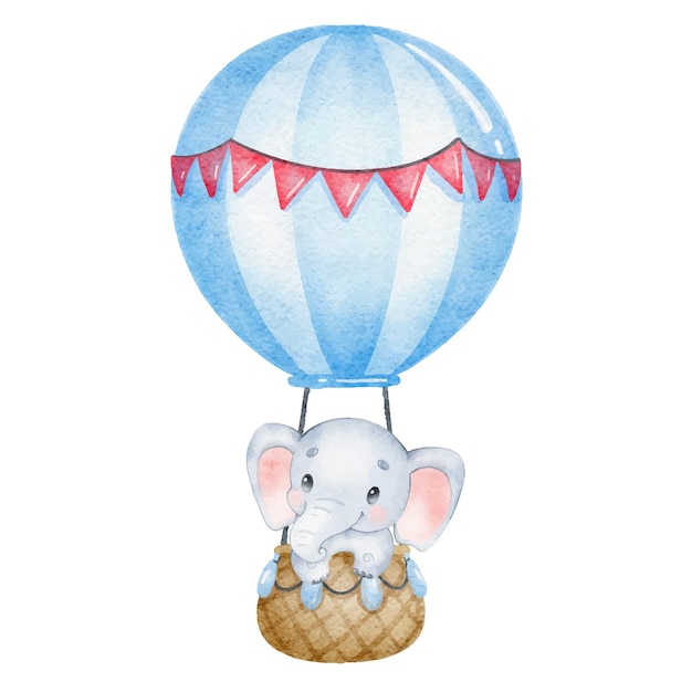 Watercolor illustration of a cute cartoon elephant in hot ir balloon Cute tropical animals