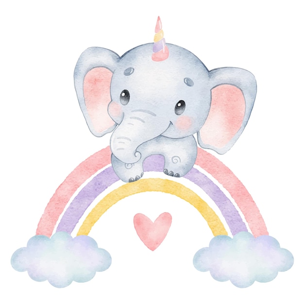 Watercolor illustration of a cute cartoon elephant unicorn Cute tropical animals