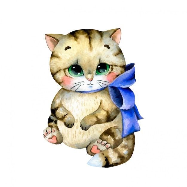 Watercolor illustration of a cute cartoon fat tabby kitten with a blue bow isolated