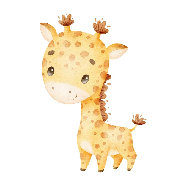 Vector watercolor illustration of a cute cartoon giraffe cute tropical animals