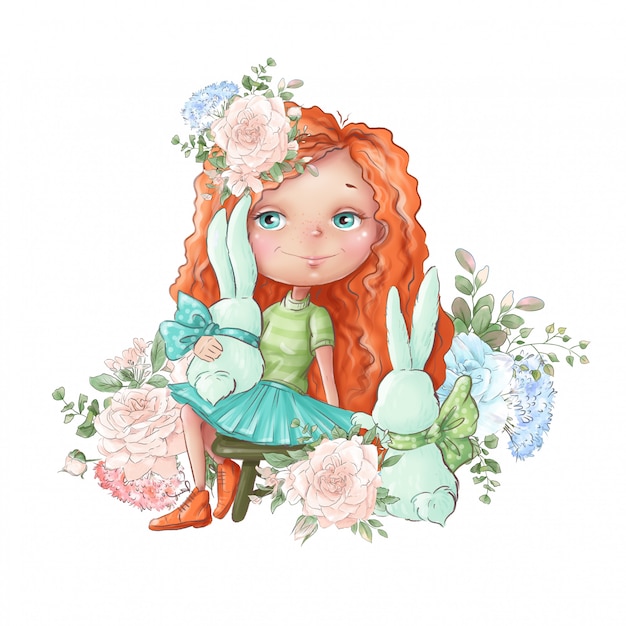 수채화 그림 섬세한 장미 꽃과 귀여운 만화 소녀