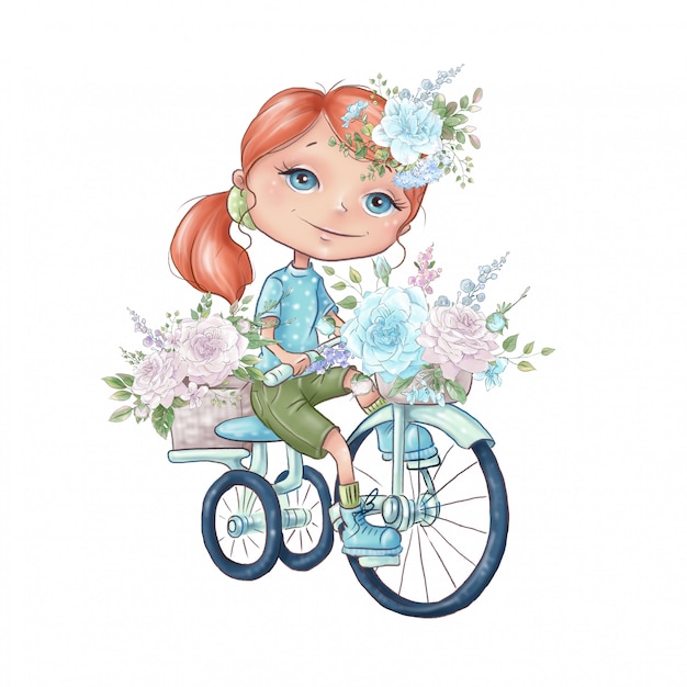 Watercolor illustration cute cartoon girl with delicate roses flowers